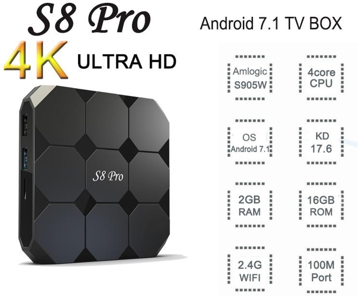 S8 Pro Android 7.1 4K TV Box | S905W TV Box Kodi 17.4 | 2GB RAM & 16 GB ROM | Nieuwste Model 4K WiFi TV Box Upgrade van de MxQ Pro